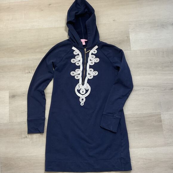 Lilly Pulitzer Dresses & Skirts - Lilly Pulitzer Skipper Hooded Popover Dress Three Quarter Zip Navy Blue XXS